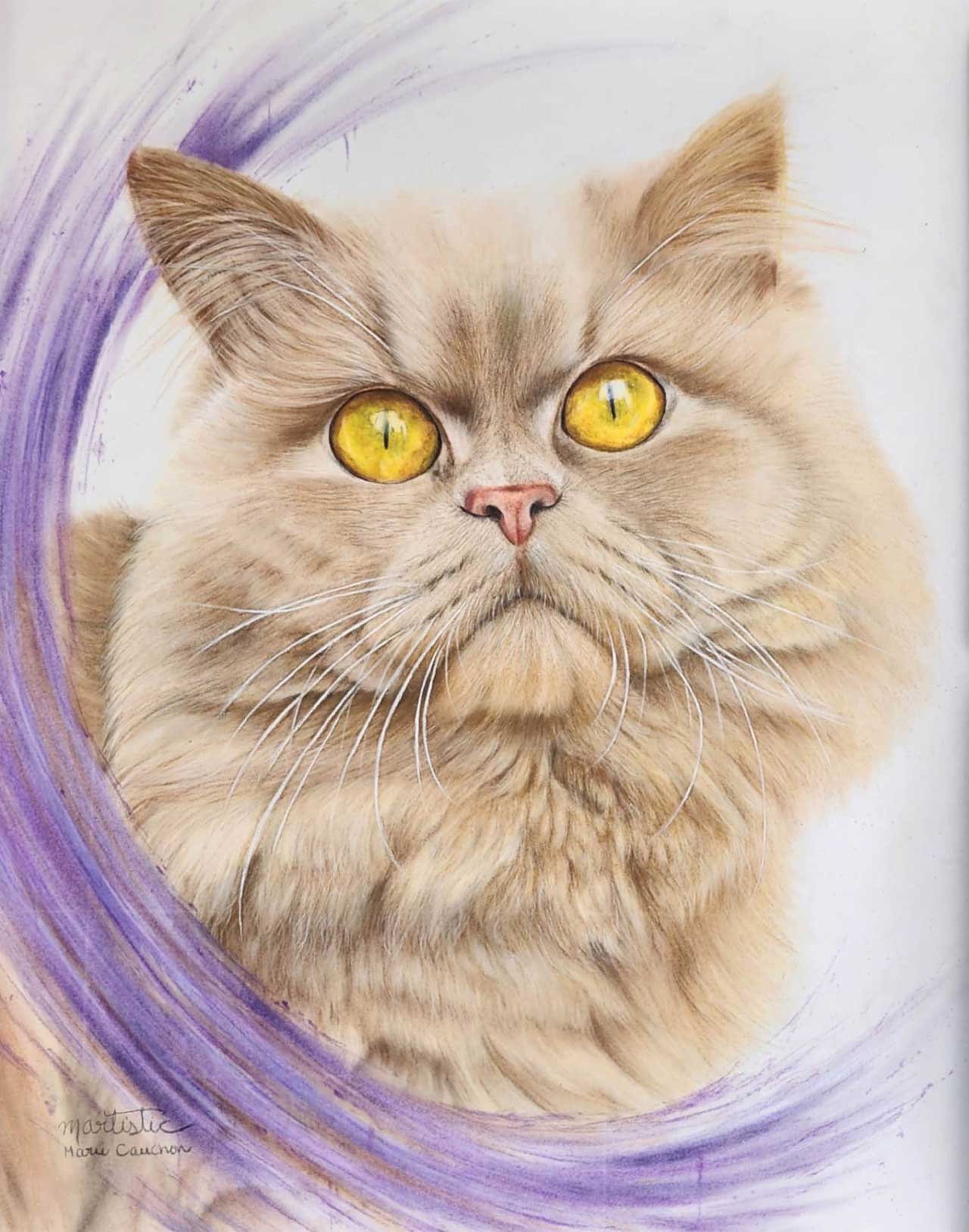 A detailed colored pencil drawing of a fluffy, light-brown Persian cat with striking yellow eyes against a purple swirl