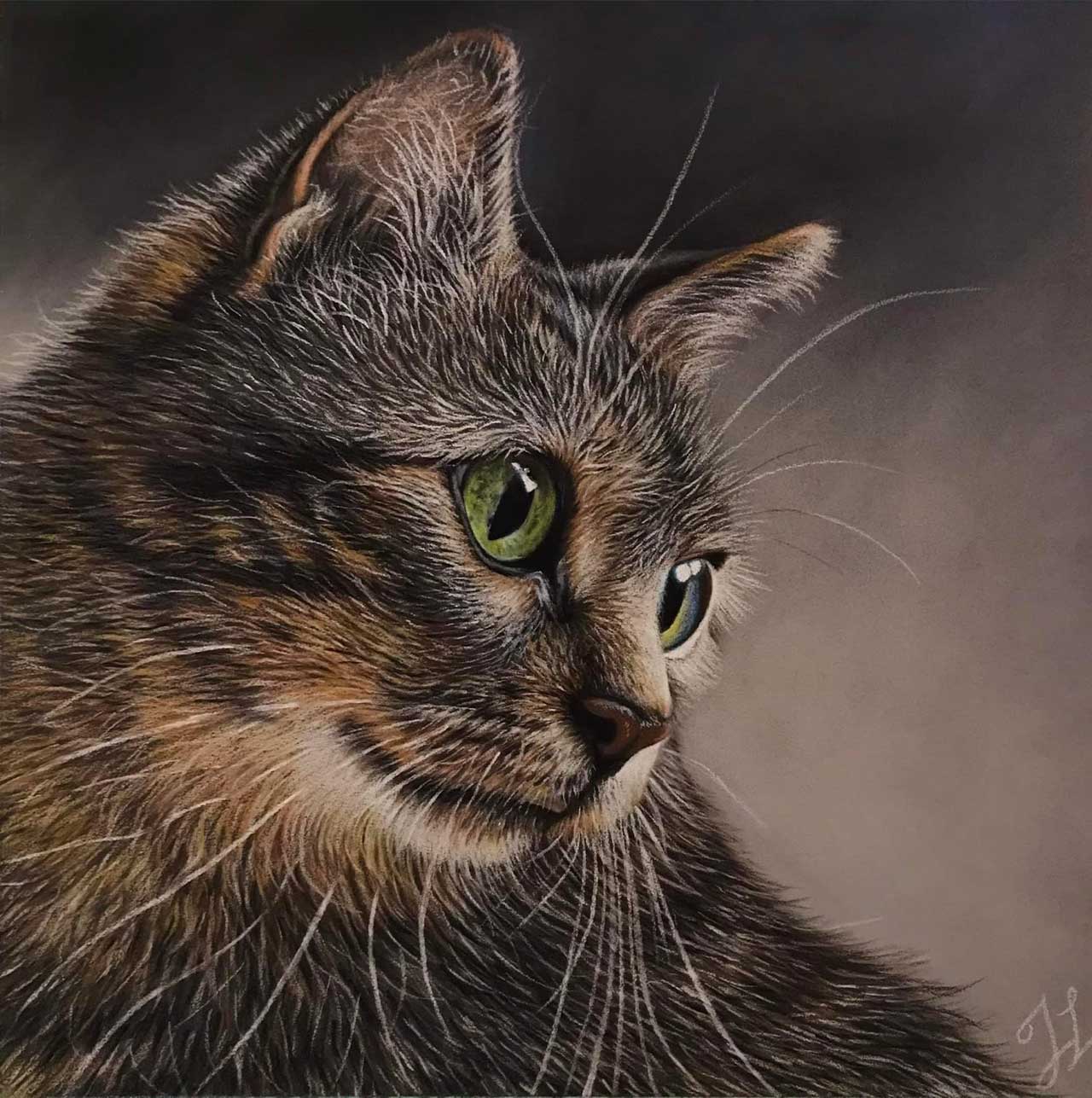 A detailed colored pencil drawing of a tabby cat with bright green eyes looking to the right against a dark background
