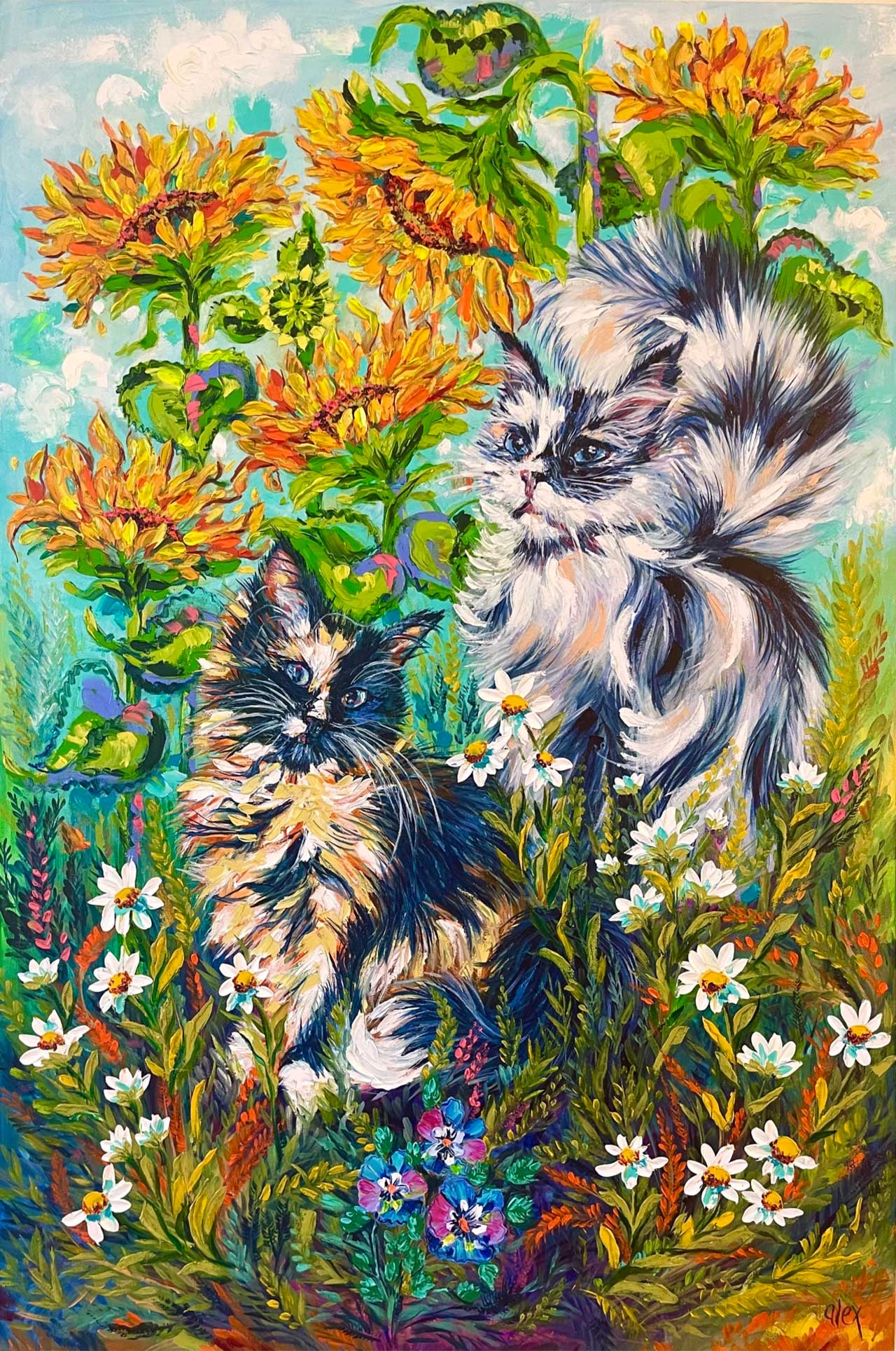 An oil painting of a fluffy calico cat and a long-haired grey cat sitting among sunflowers and daisies