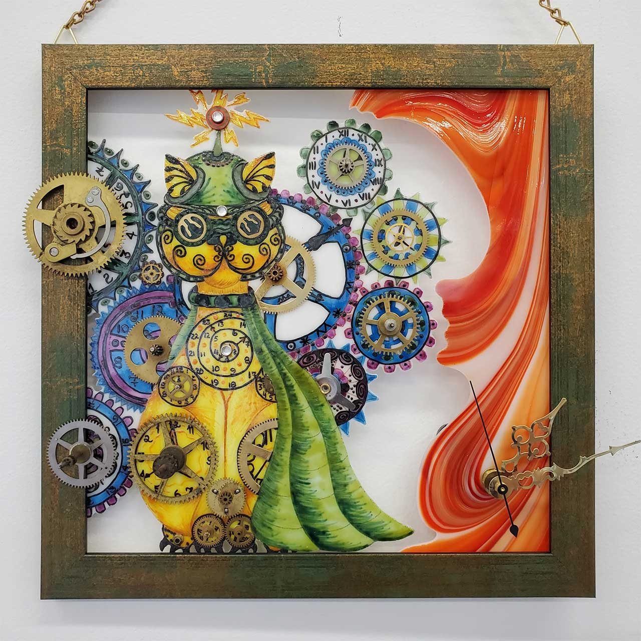 Steampunk-style wall clock featuring a whimsical yellow cat illustration surrounded by gears and a swirling orange background