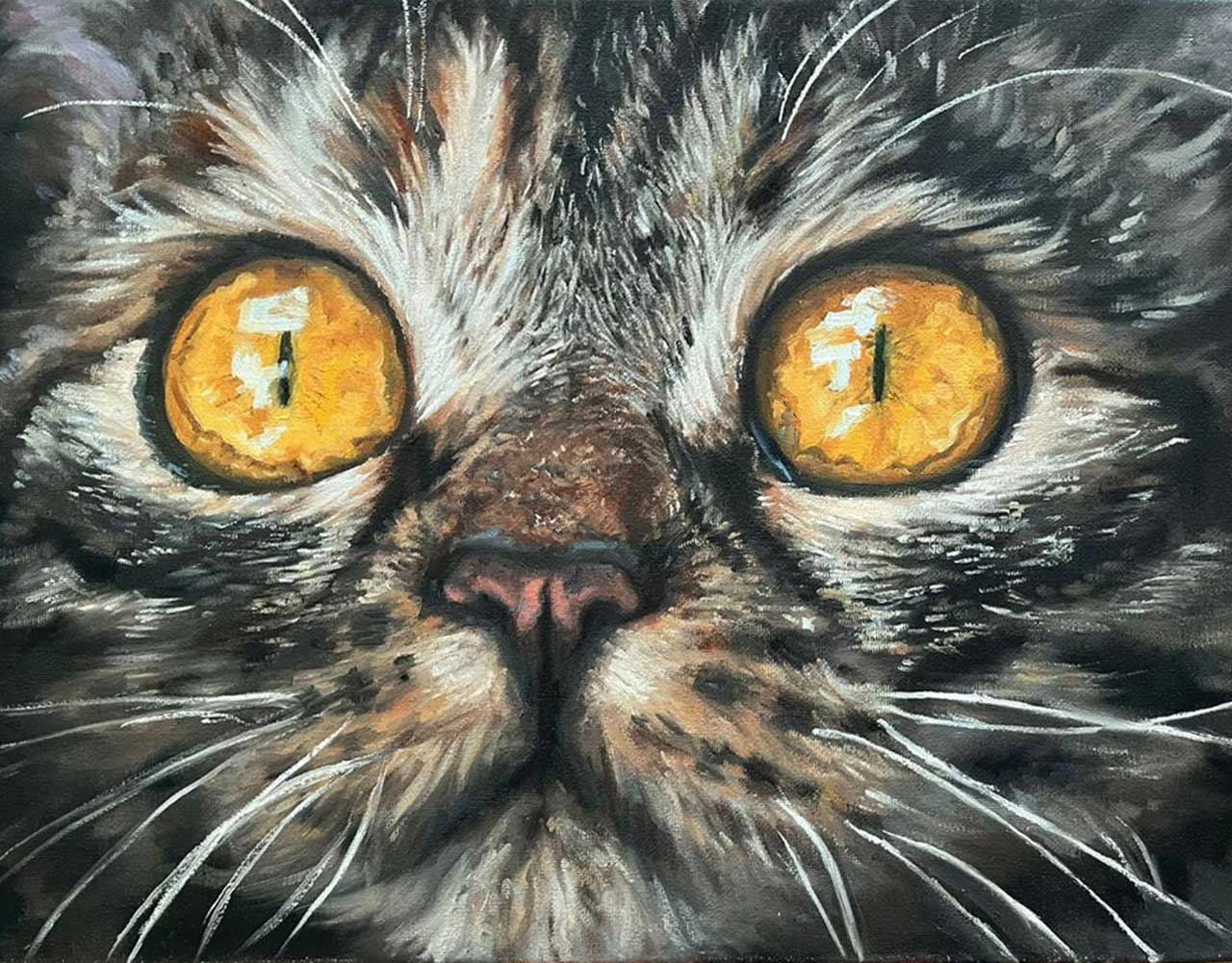 Close-up painting of a tabby cat with large, golden-yellow eyes and prominent whiskers
