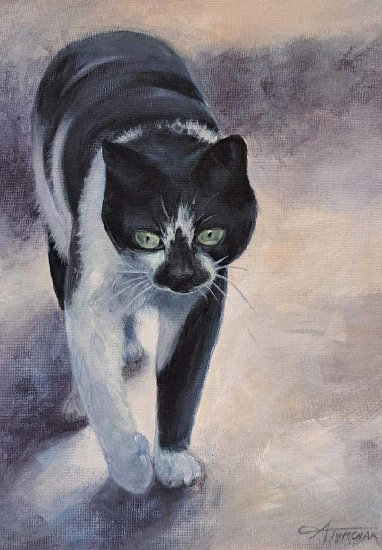 Oil painting of a black and white cat walking forward with green eyes against a neutral background
