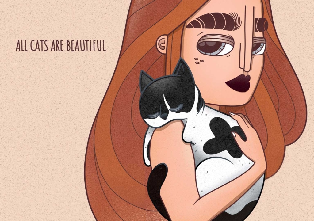 Digital illustration of a woman with long red hair holding a black and white cat, with the text All Cats Are Beautiful
