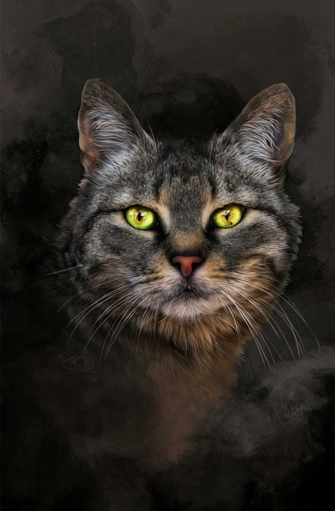 Digital painting of a tabby cat with striking green eyes against a dark, textured background