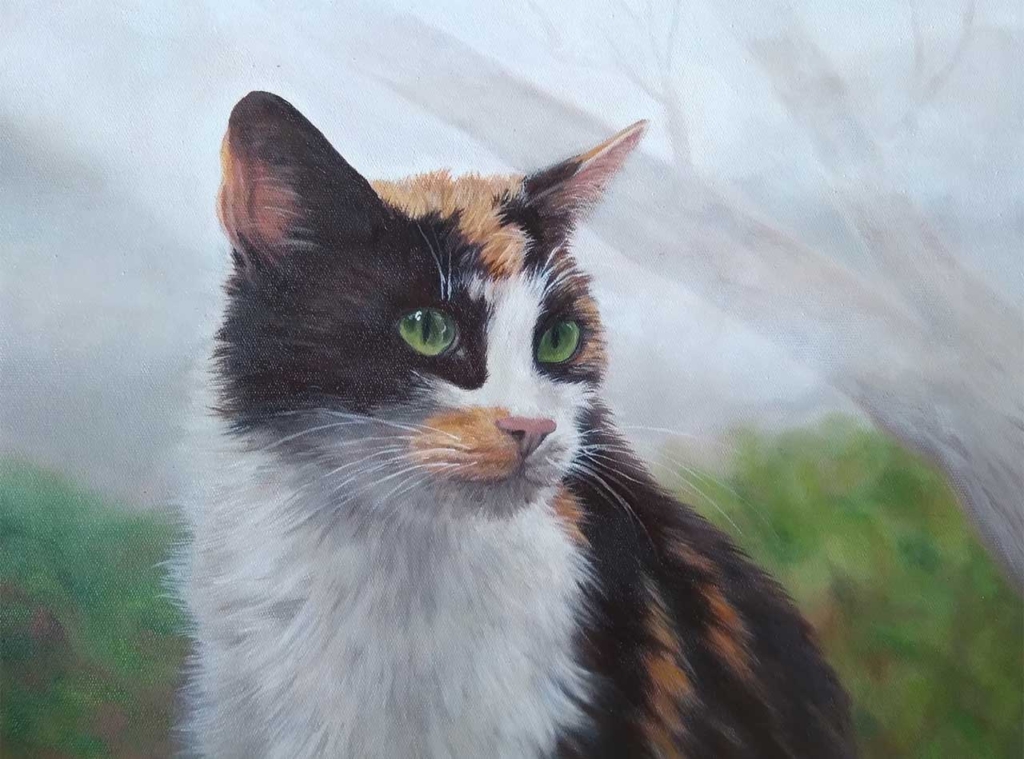 A realistic oil painting of a calico cat with bright green eyes, set against a soft, misty outdoor background
