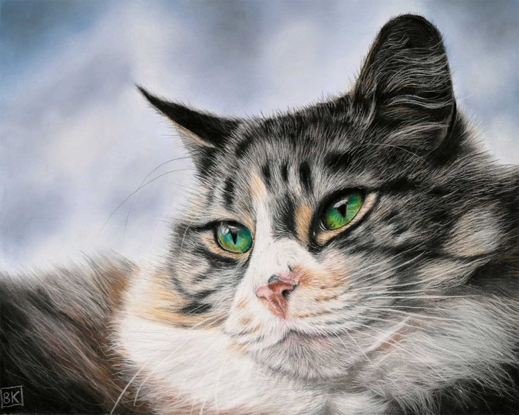 A detailed colored pencil drawing of a long-haired calico cat with striking green eyes looking to the side