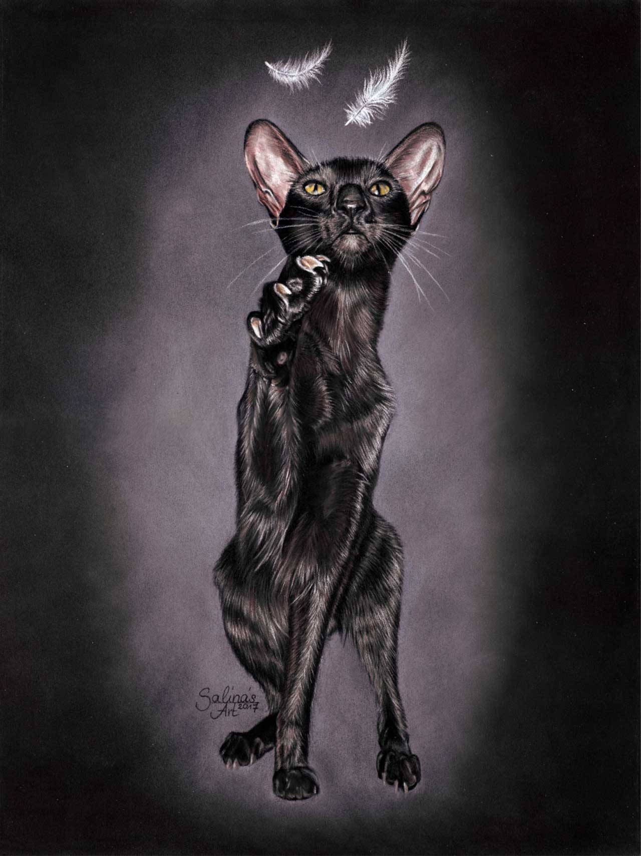 A realistic drawing of a black Oriental Shorthair cat standing on its hind legs, reaching for two floating white feathers