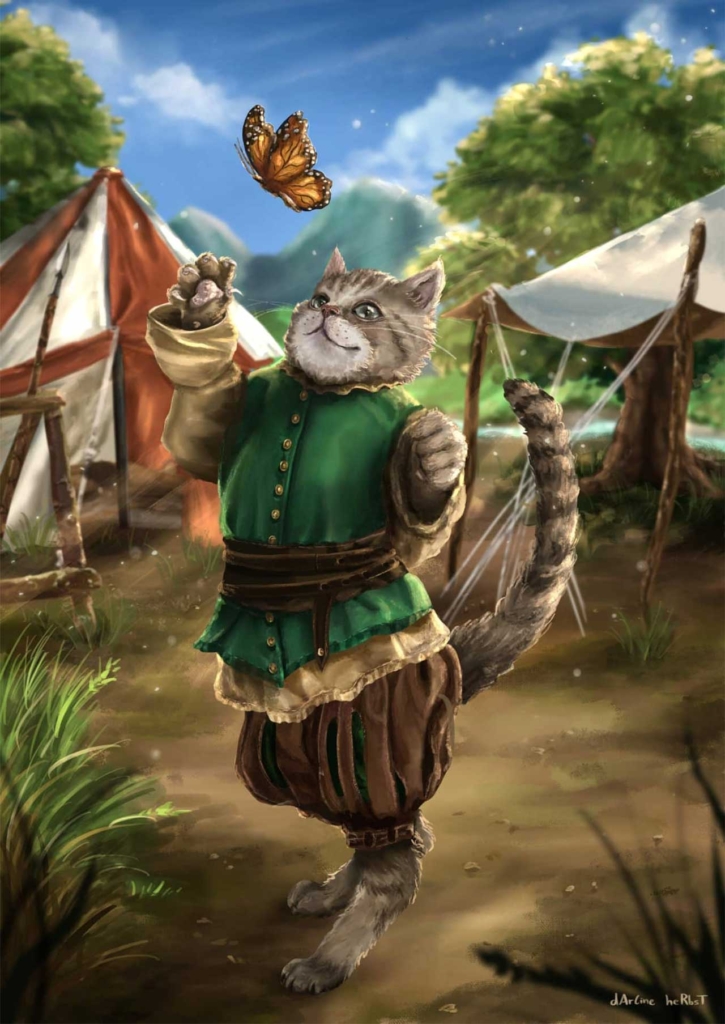 An anthropomorphic tabby cat in medieval clothing reaching for a butterfly in a camp setting