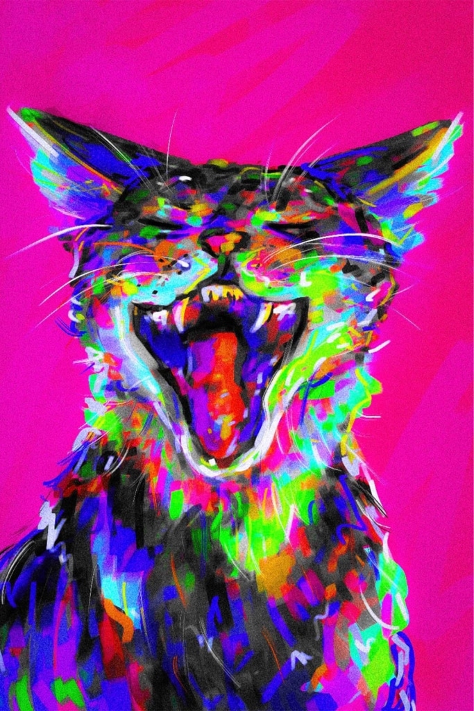 Vibrant, colorful digital illustration of a cat yawning against a bright pink background
