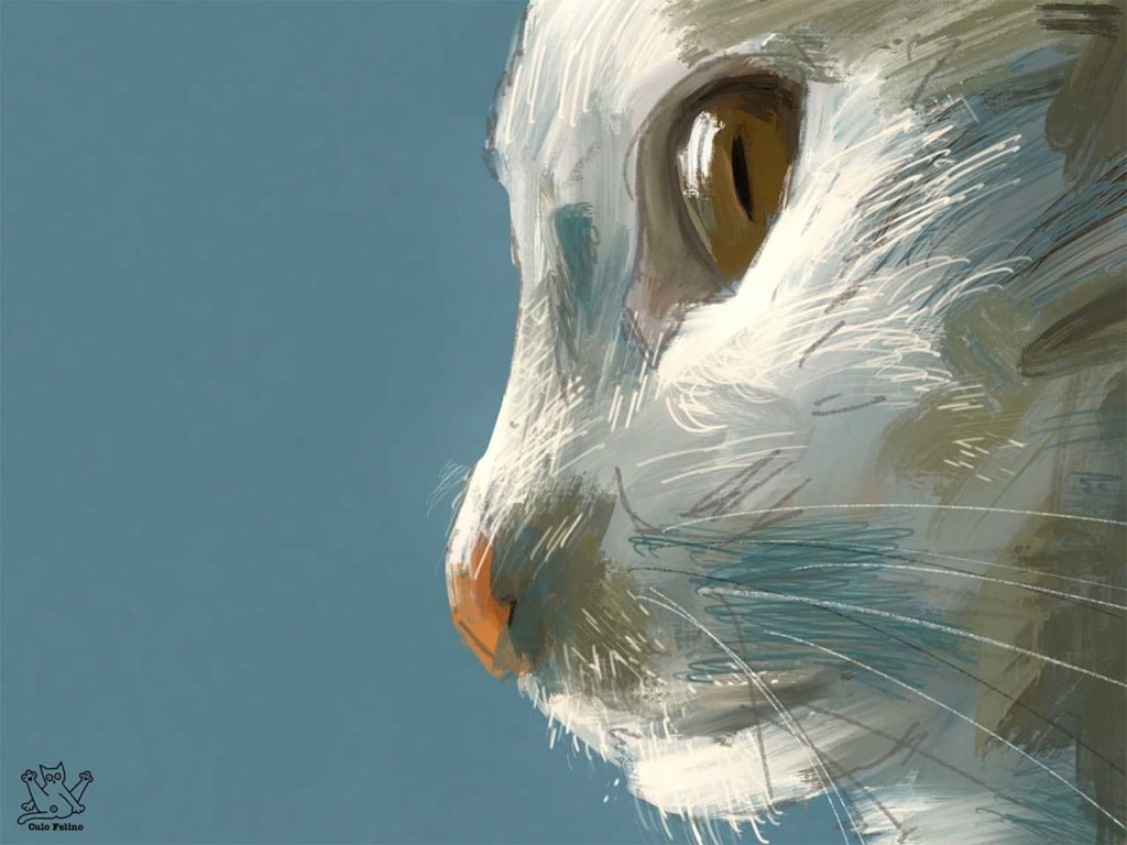 Digital painting of a cat in profile against a blue background