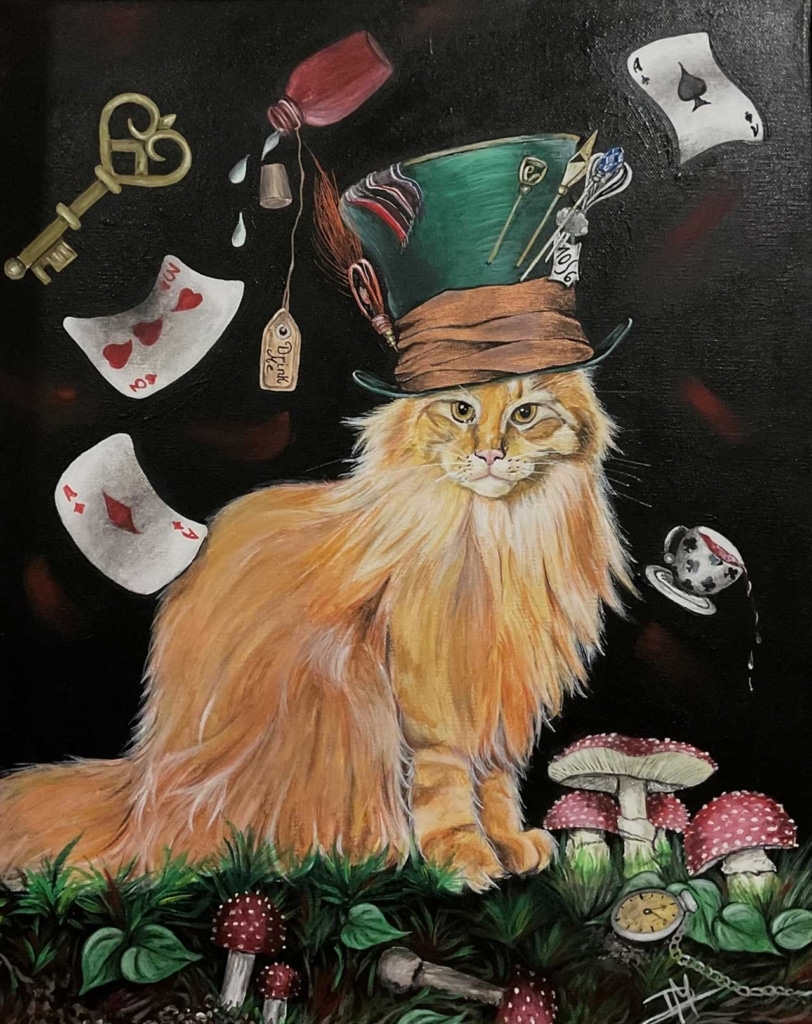 An orange cat wearing a Mad Hatter hat surrounded by Alice in Wonderland themed items like playing cards and mushrooms