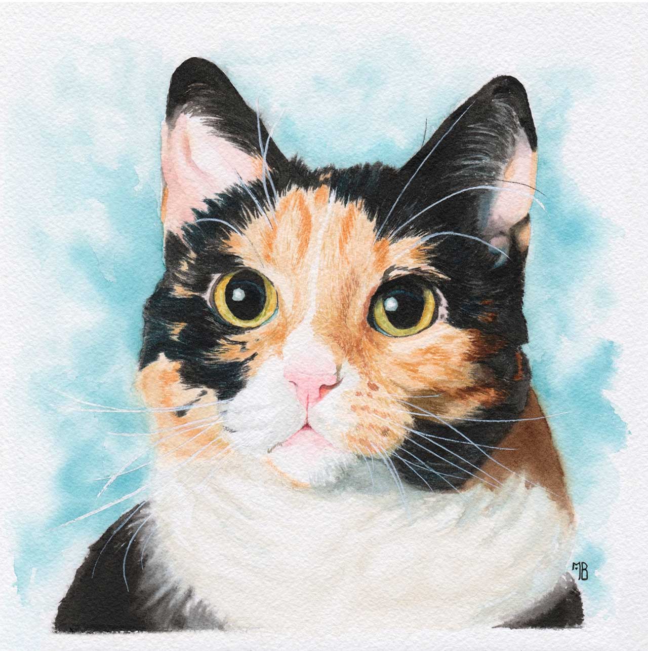 Watercolor portrait of a calico cat with large, expressive eyes against a light blue background