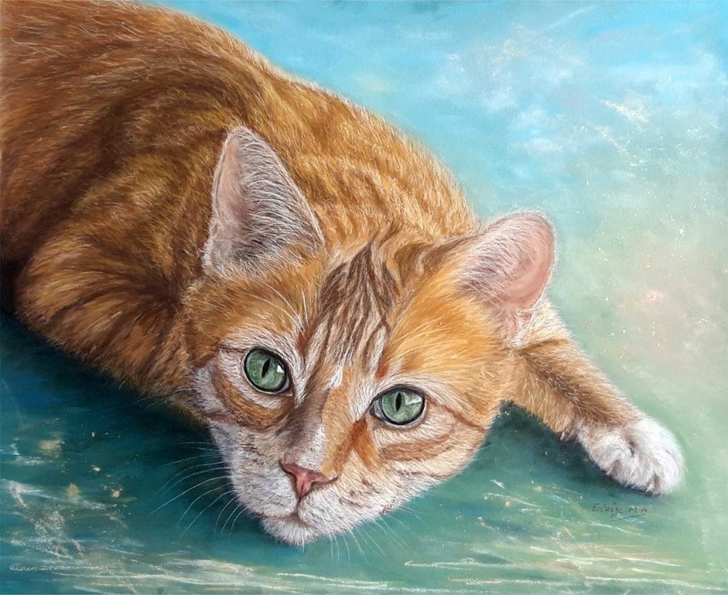A detailed pastel drawing of an orange tabby cat with green eyes resting on a teal surface