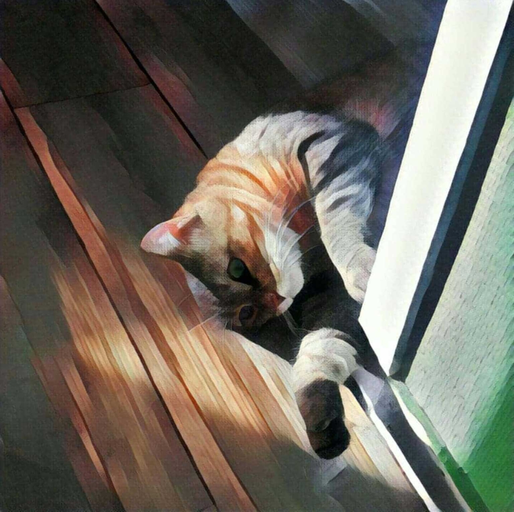 A tabby cat with orange and grey fur resting on a wooden floor near a doorway