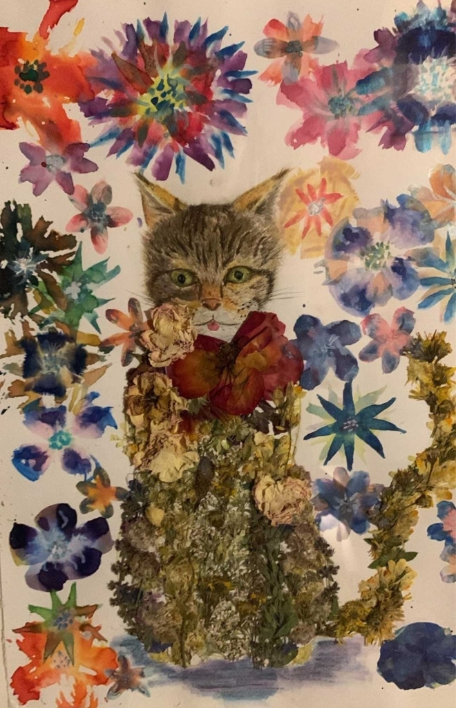 A tabby cat illustration created with pressed flowers and watercolor, featuring a floral background