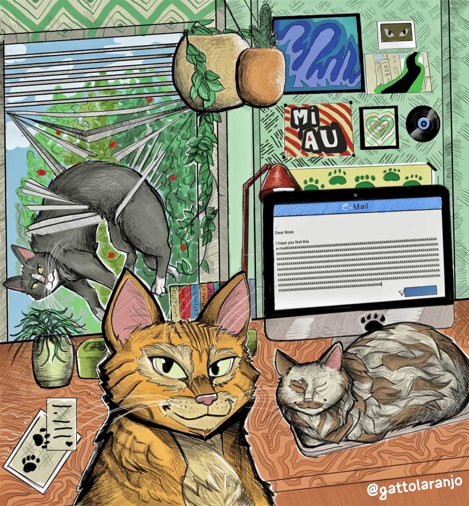 Digital illustration of three cats in a home office, with one cat typing a long email on a computer screen