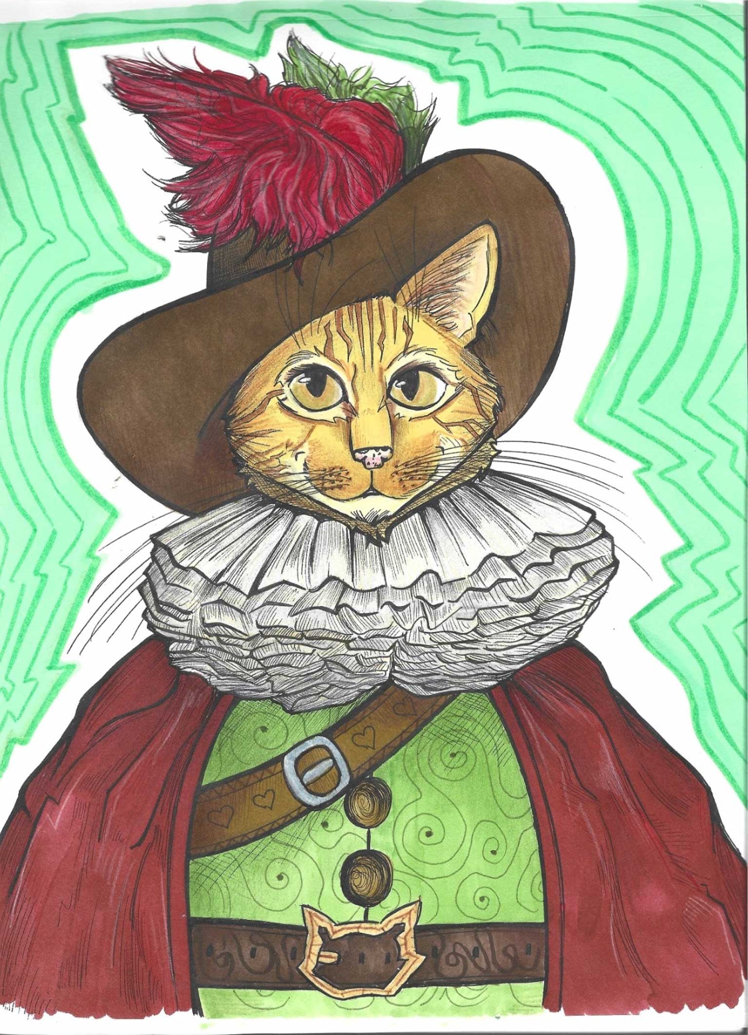 A drawing of an orange tabby cat dressed in a Renaissance-style outfit with a feathered hat and a ruffled collar