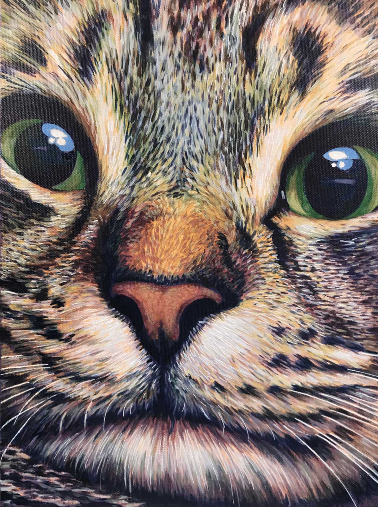 Close-up painting of a tabby cat's face with striking green eyes and detailed fur texture