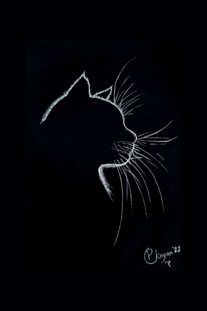 A white line drawing of a cat's profile against a black background, signed by the artist