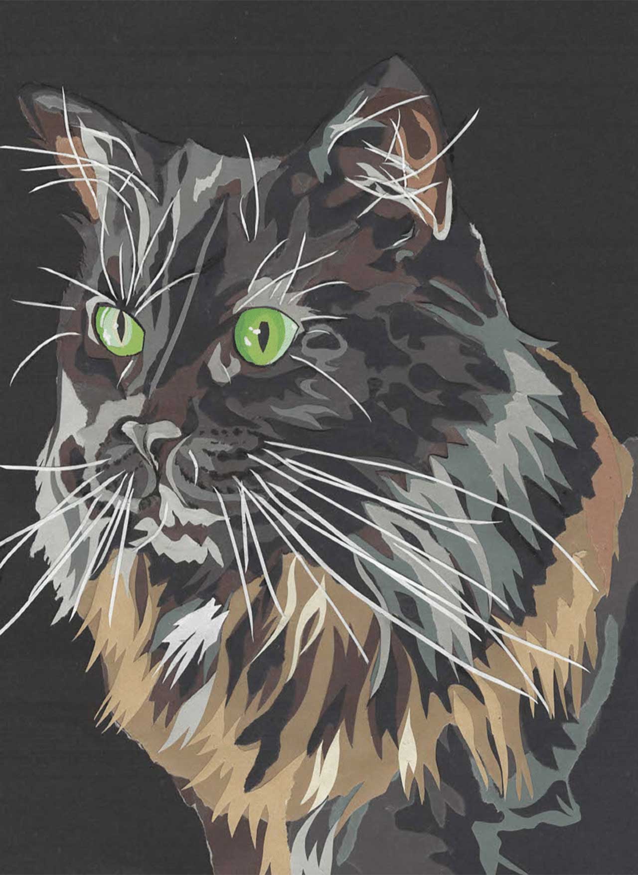 A stylized, artistic portrait of a long-haired cat with striking green eyes against a black background
