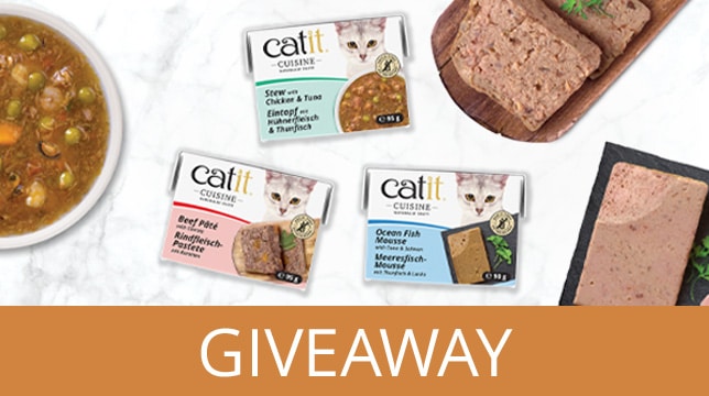 Promotional banner for a Catit Cuisine cat food giveaway featuring stew, pâté, and mousse varieties