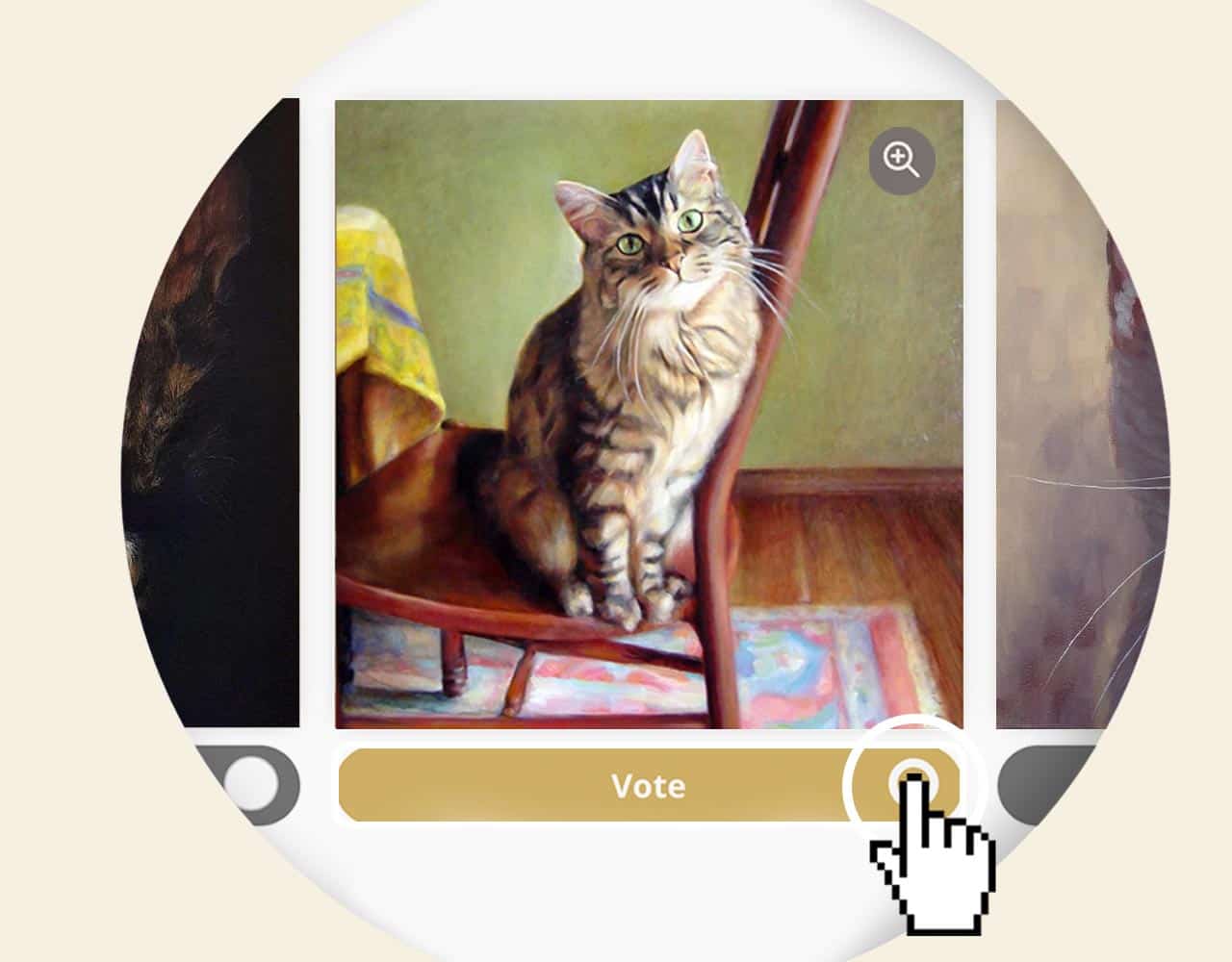 A painting of a tabby cat sitting on a wooden chair with a Vote button below it