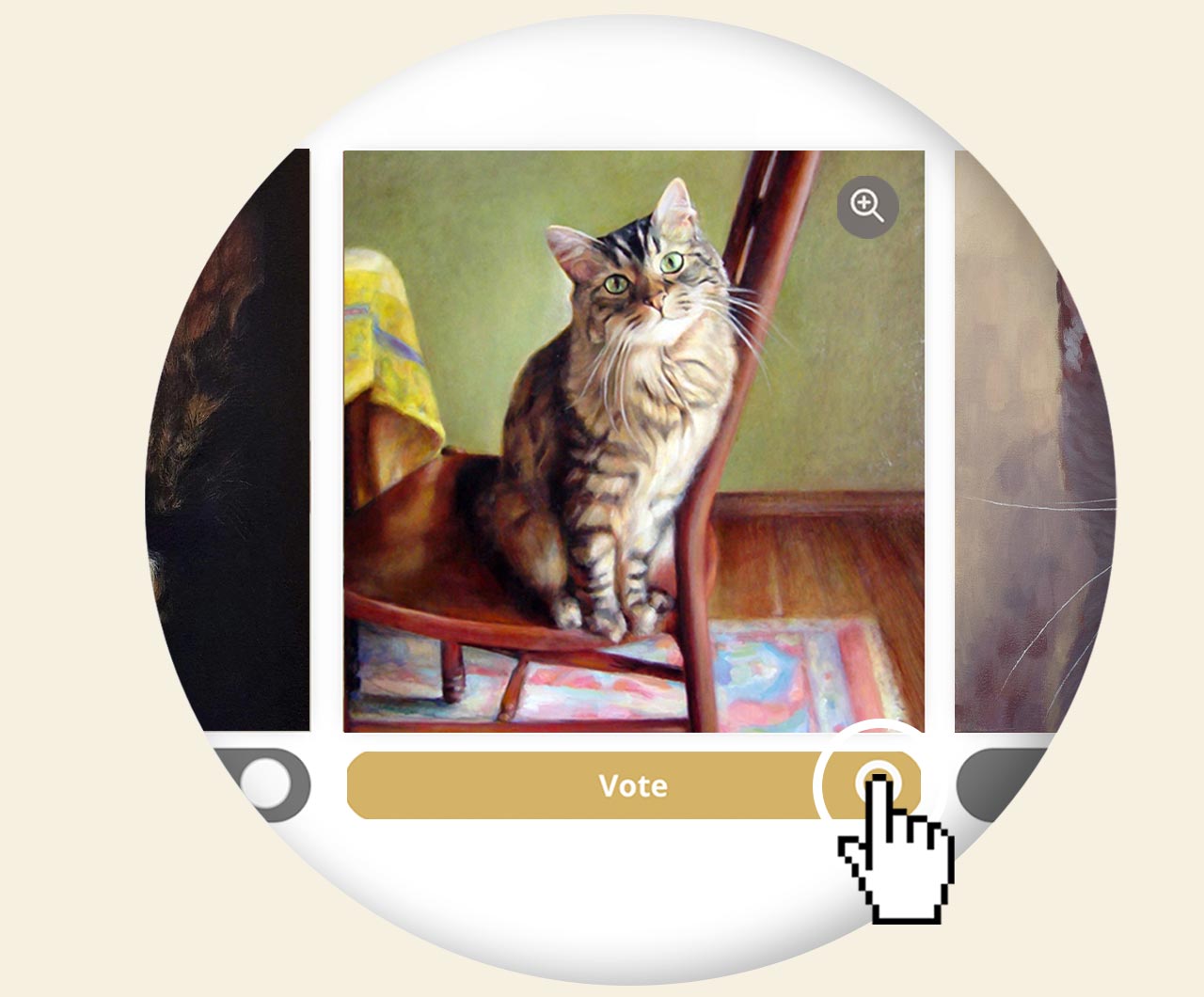A digital interface showing a painting of a tabby cat sitting on a chair with a Vote button and a cursor icon