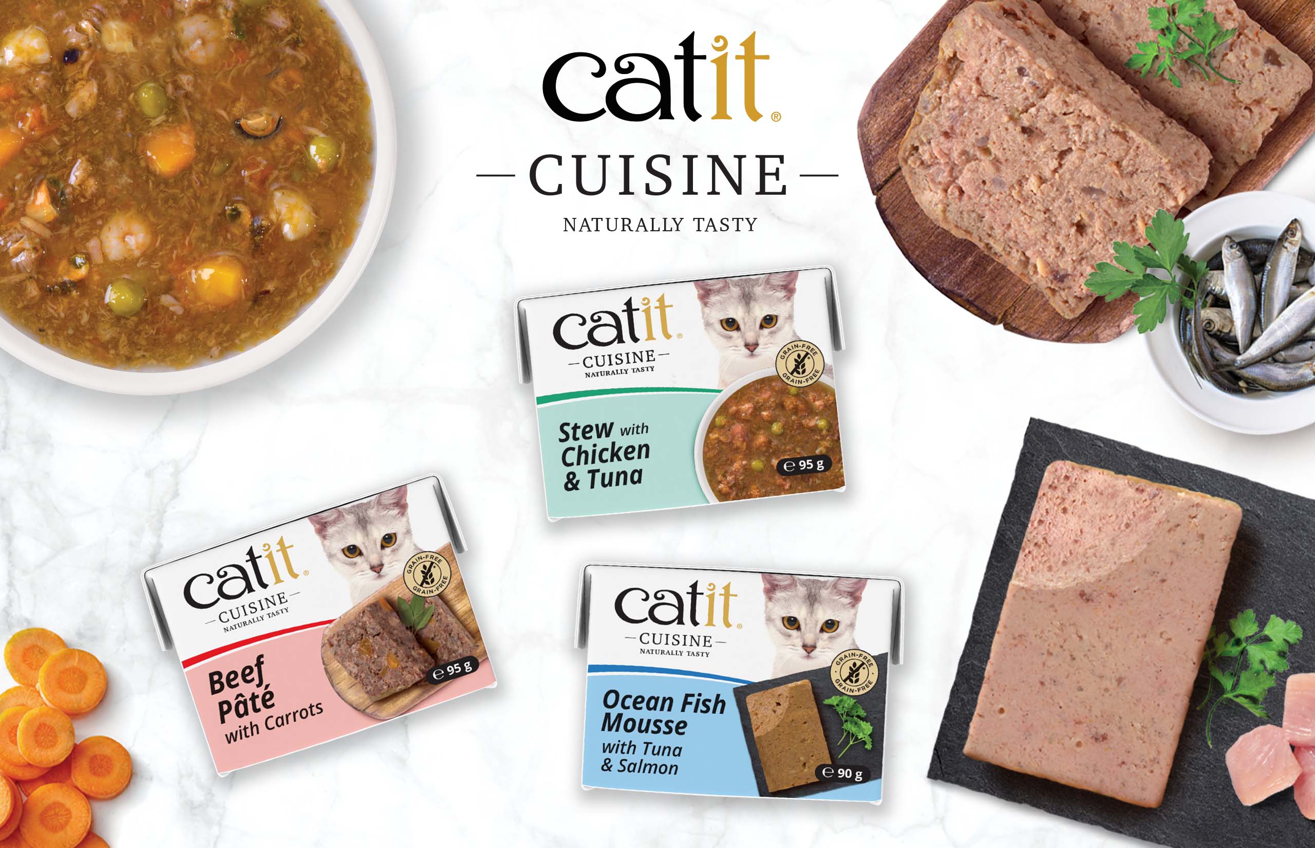 Catit Cuisine wet cat food products, including Beef Pâté with Carrots, Stew with Chicken & Tuna, and Ocean Fish Mousse