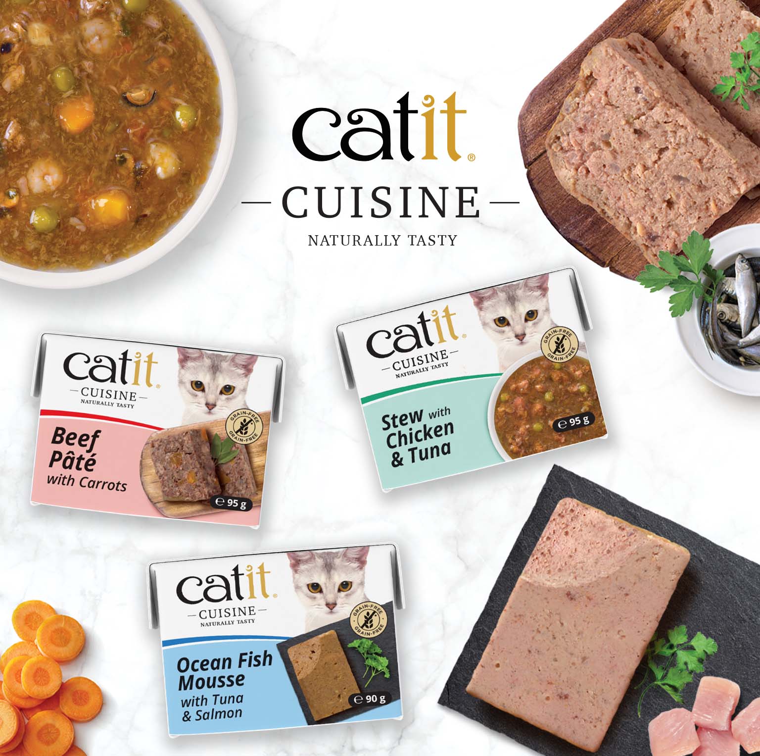 Catit Cuisine wet cat food varieties, including Beef Pâté, Stew with Chicken & Tuna, and Ocean Fish Mousse