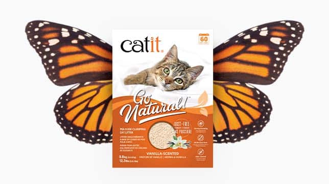 Catit Go Natural pea husk clumping cat litter packaging with a vanilla scent