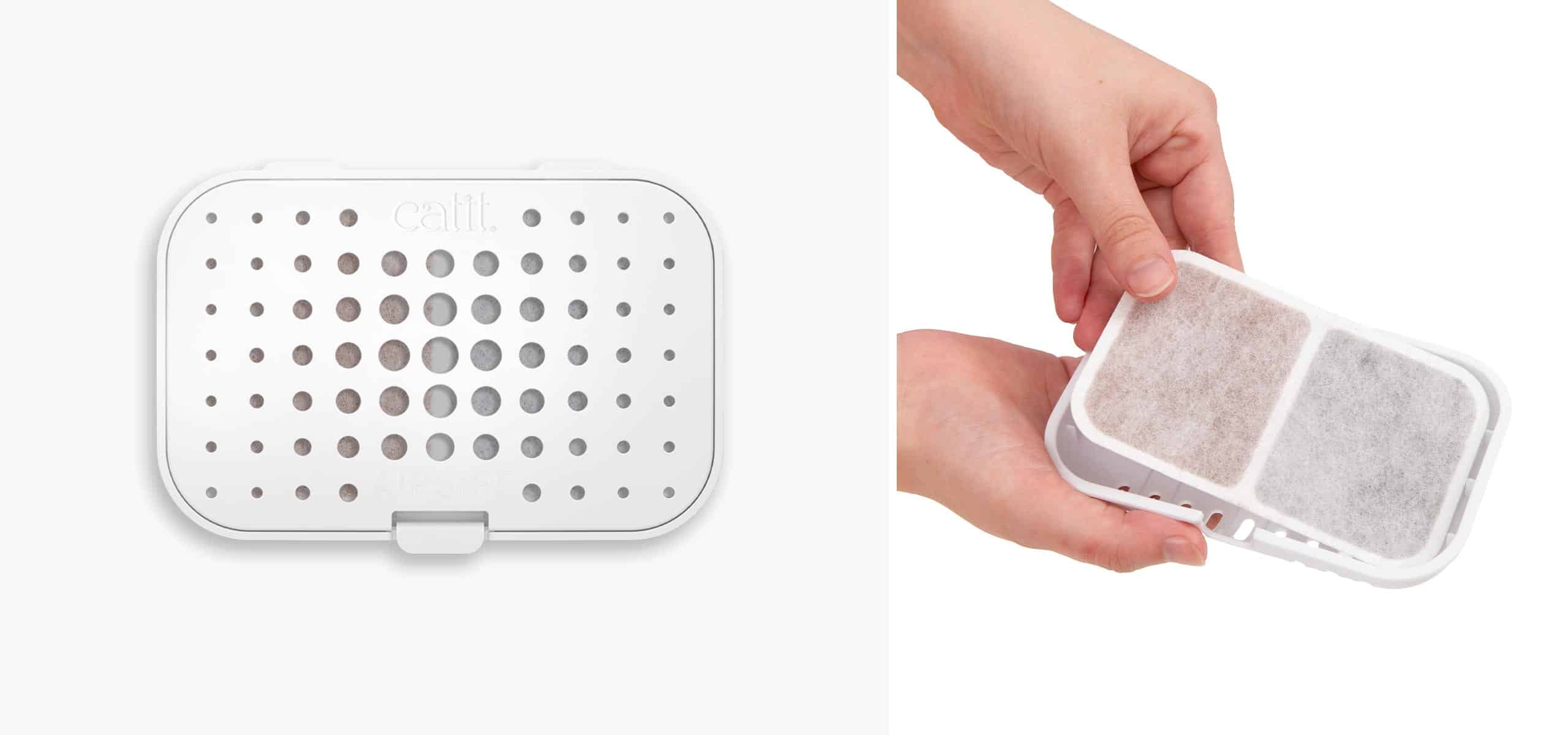 Catit Airsift pod being held by hands to show the filter inserts