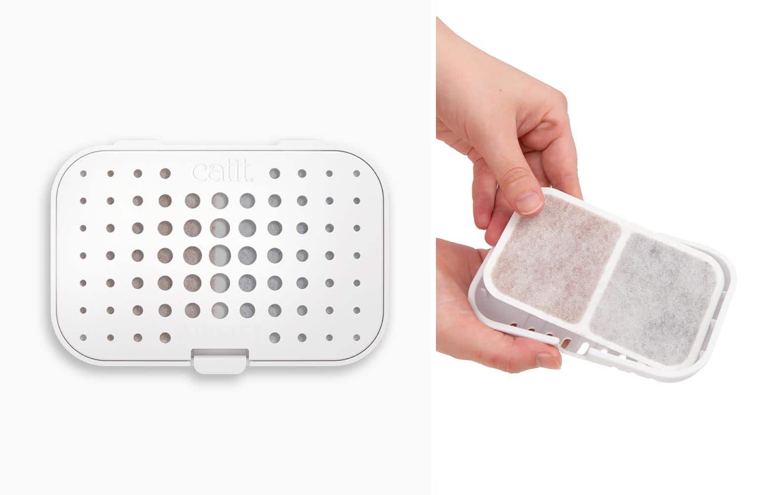Catit Airsift pod for litter boxes, showing the white plastic housing and the internal filter pads being inserted