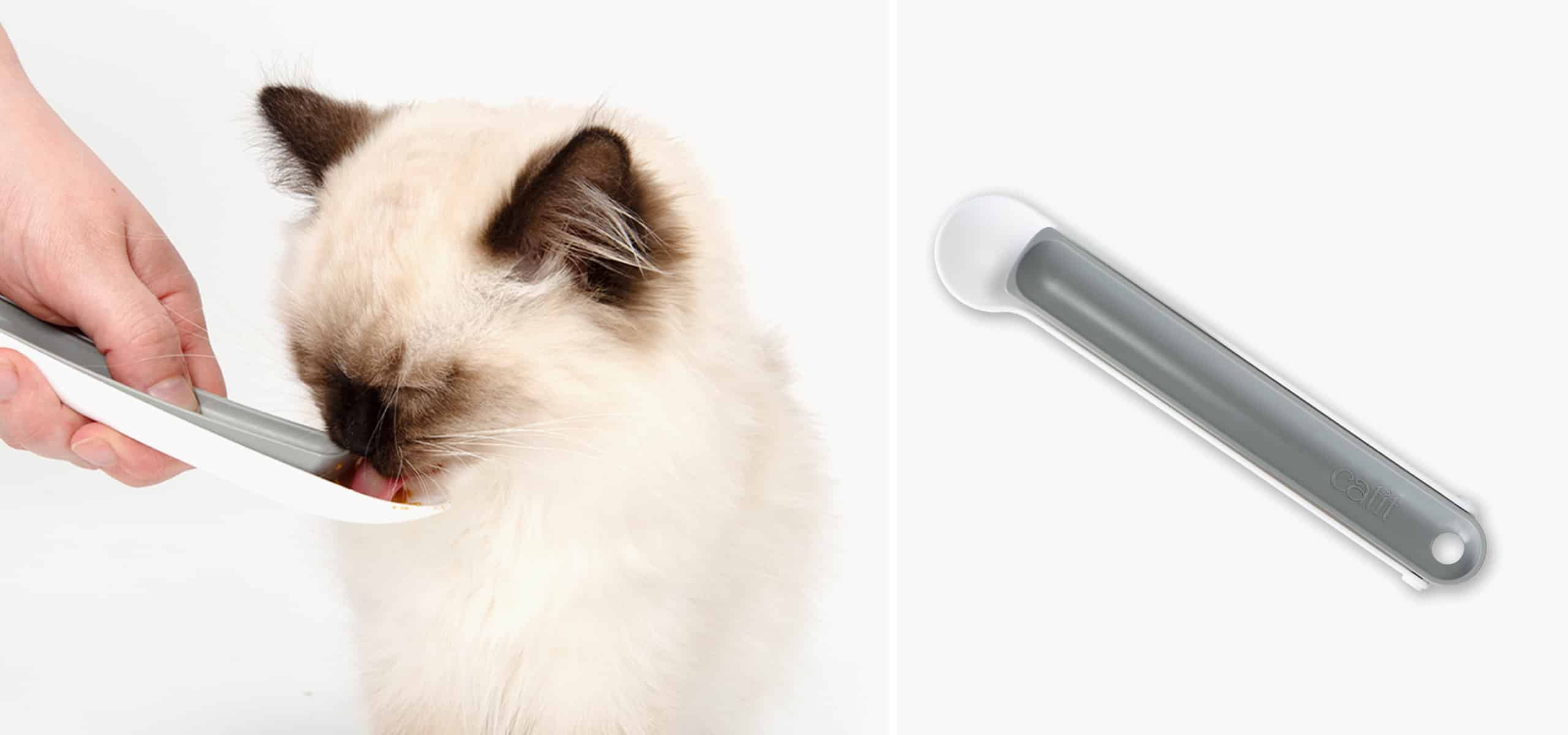 A cat licking creamy treat from a Catit spoon, with a separate view of the spoon on the right