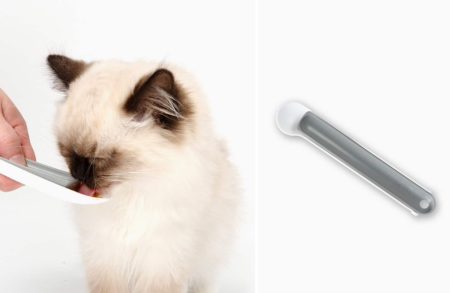 A cat licking creamy treat from a Catit spoon, with the spoon shown separately on the right