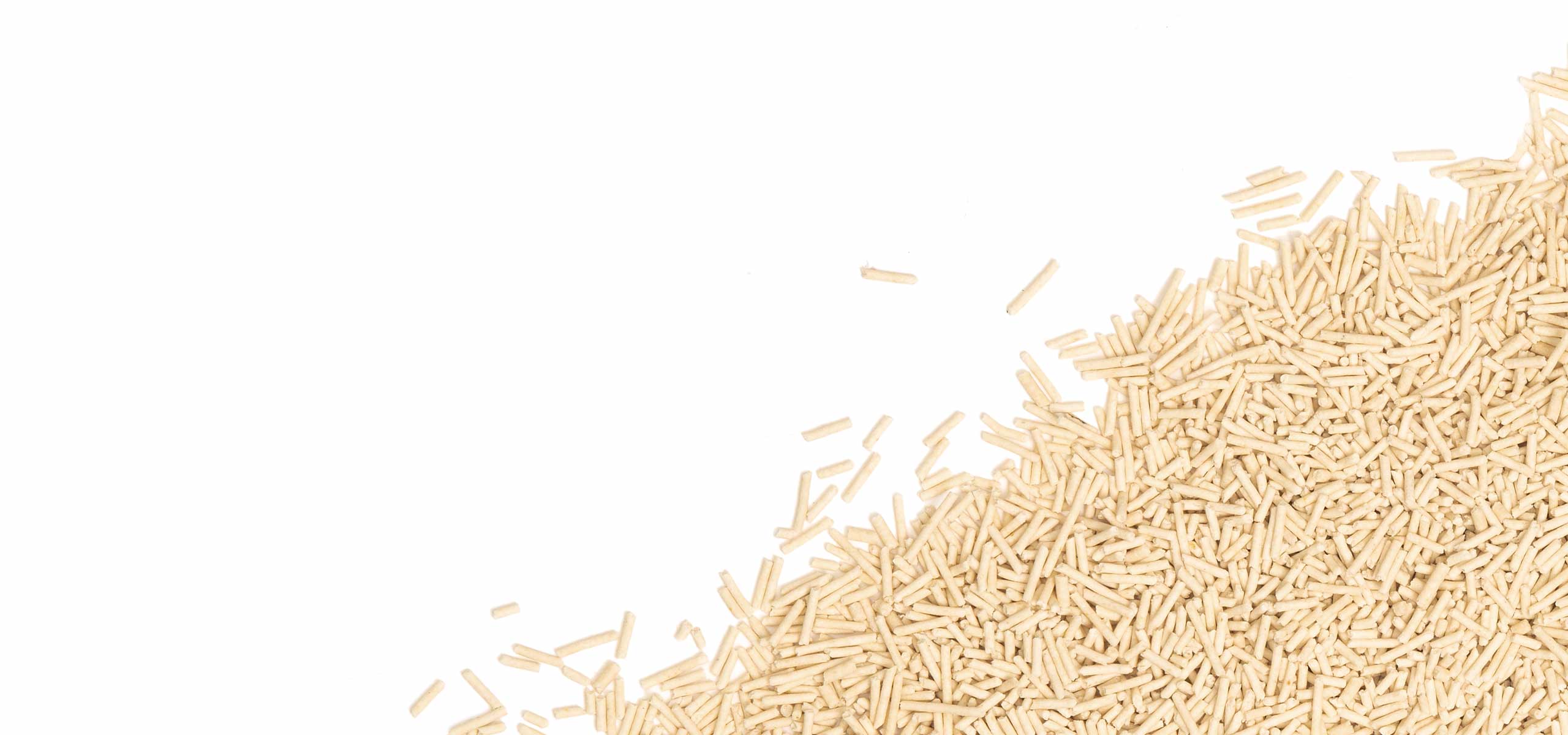 A pile of light-colored, cylindrical pea husk cat litter pellets against a white background