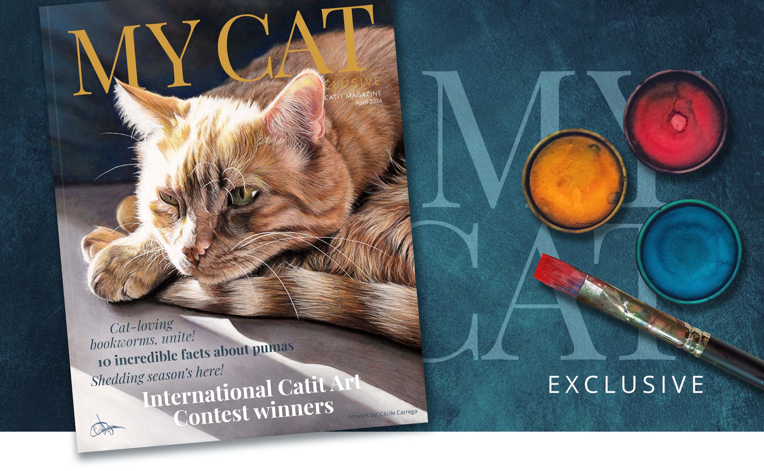 Promotional banner for the April 2024 issue of My Cat magazine featuring an art contest and cat-related articles