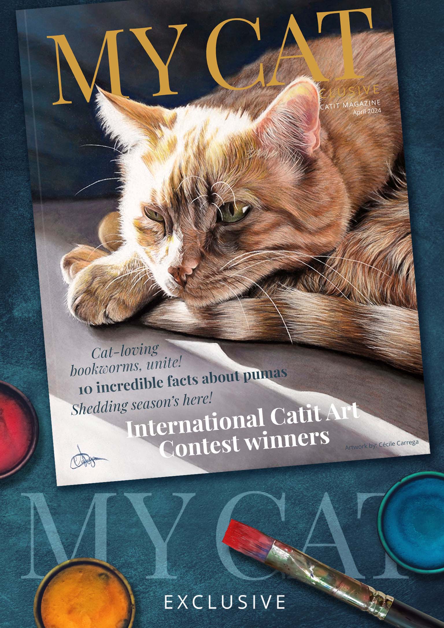 Catit magazine cover for April 2024 featuring a painting of a cat and highlights on pumas and contest winners