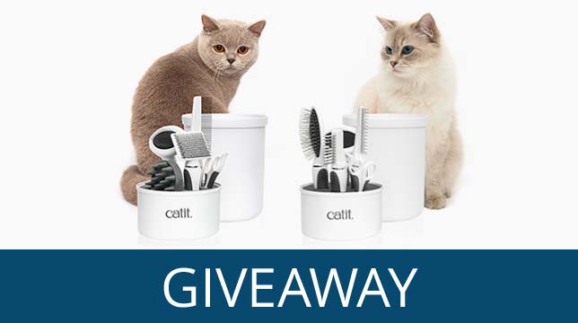Catit grooming kits with two cats, promoting a giveaway
