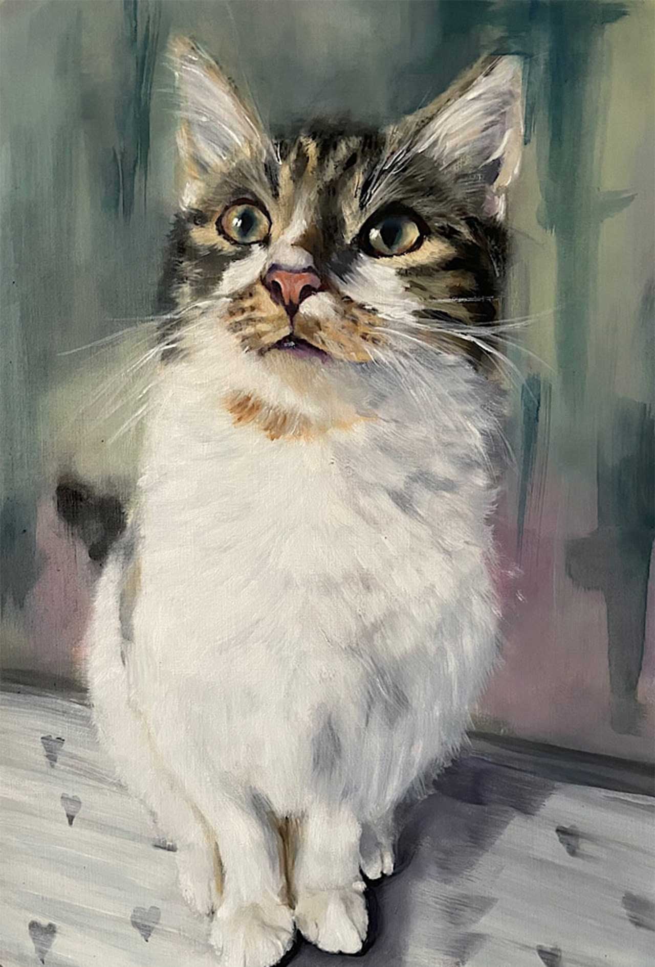 An oil painting of a tabby and white cat looking upward against a soft, muted background