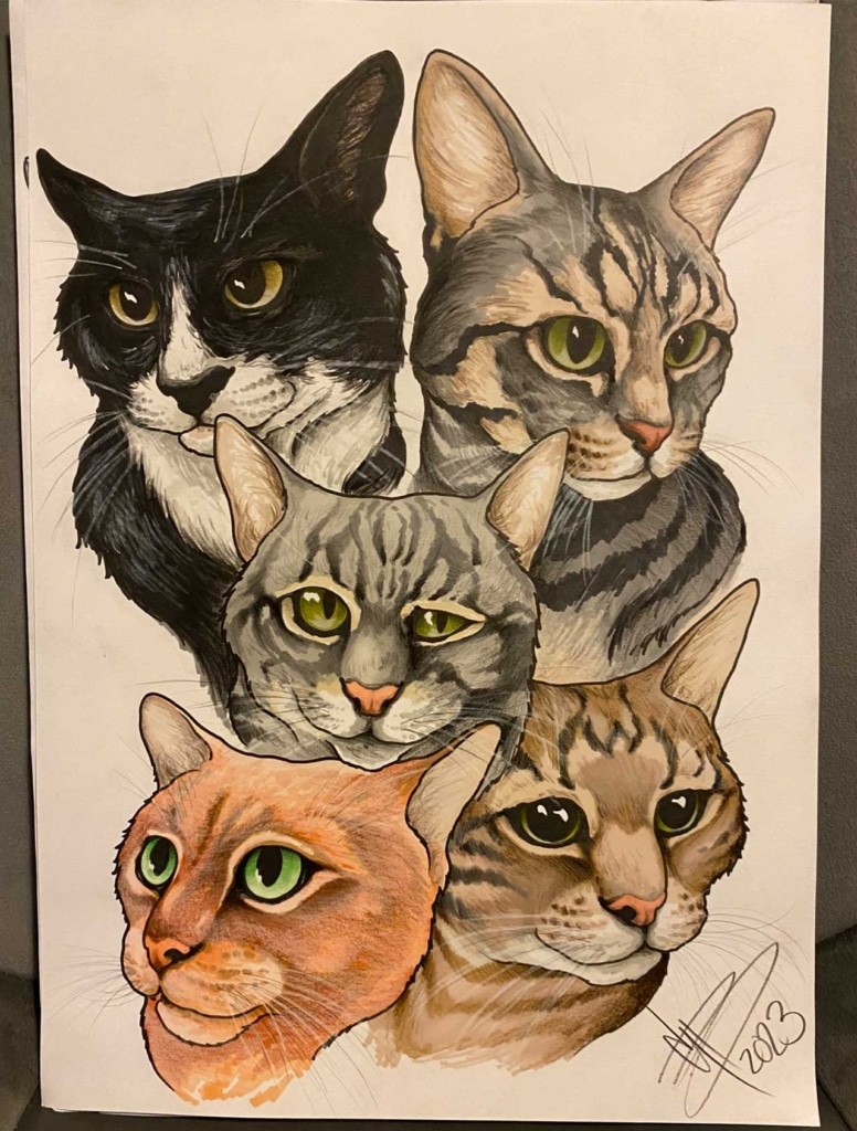 A colored pencil drawing of five cat faces arranged in a collage, signed and dated 2023 in the bottom right corner