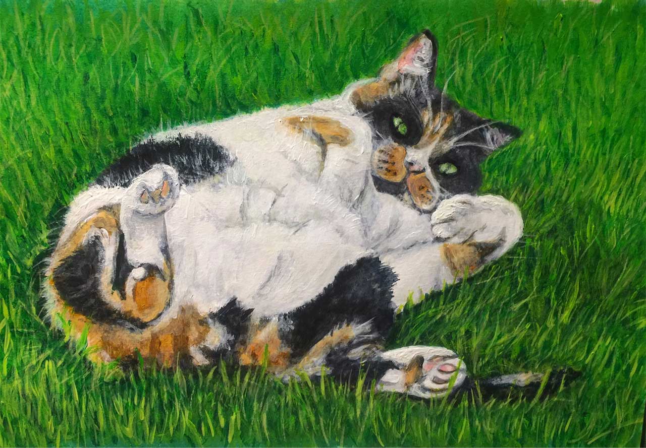 An oil painting of a calico cat lying on its back in green grass