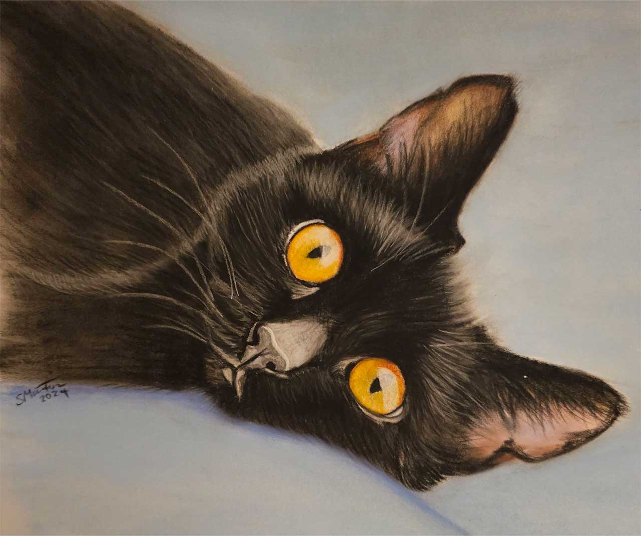 A detailed pastel drawing of a black cat with bright yellow eyes looking upward against a light blue background