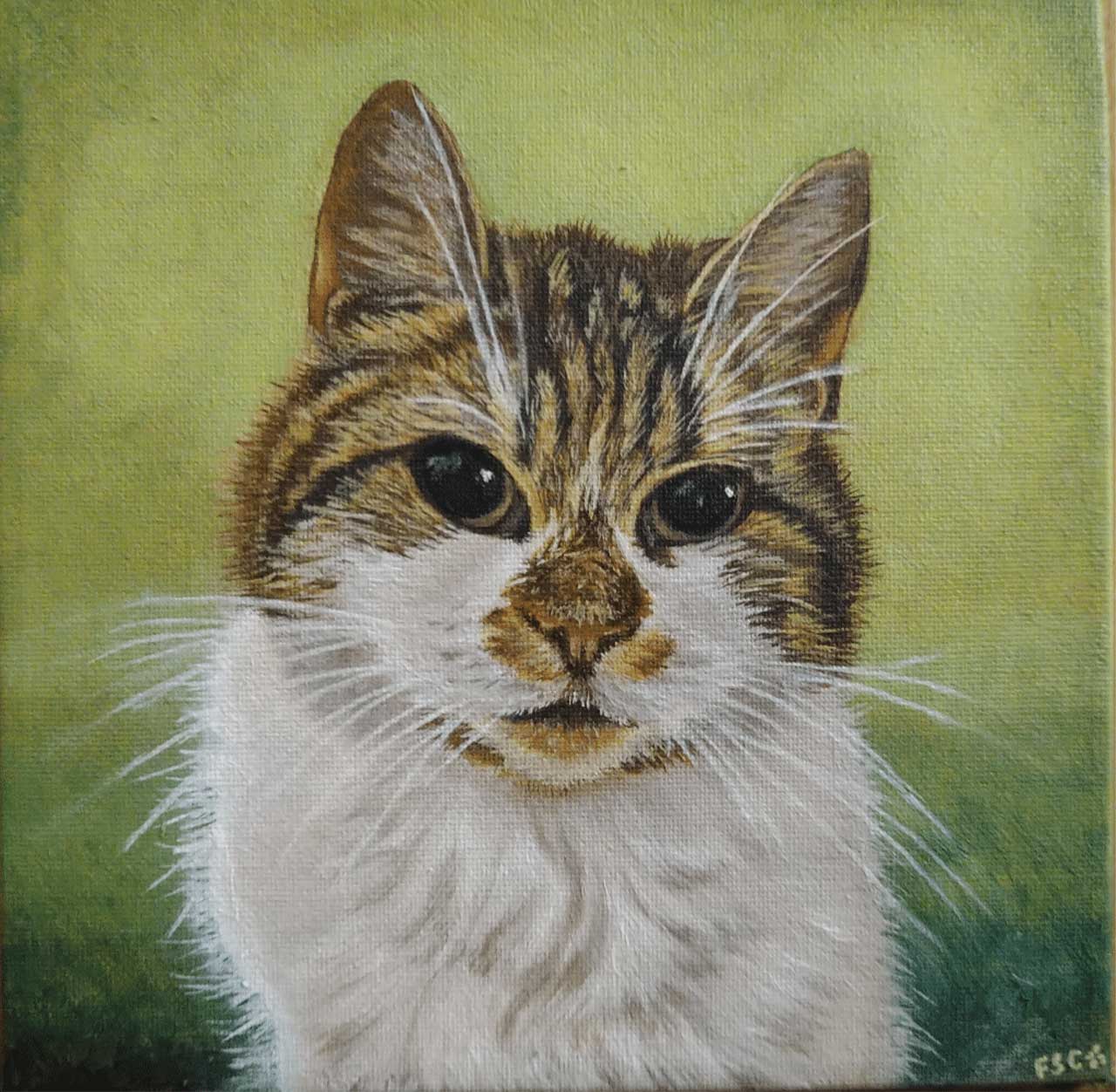 An oil painting of a brown and white tabby cat against a green background