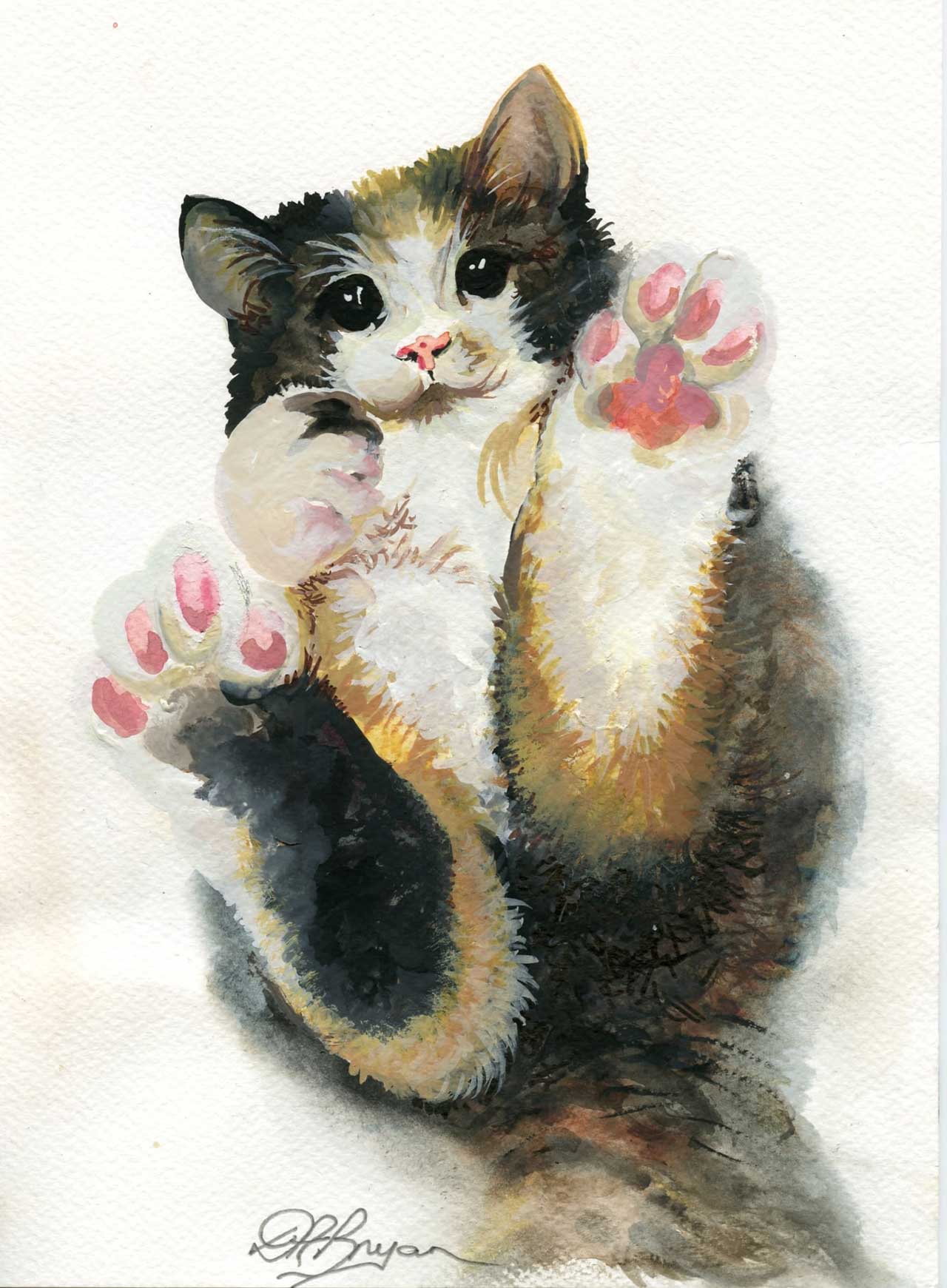 Watercolor painting of a calico kitten reaching upward with both paws, showing its pink toe beans