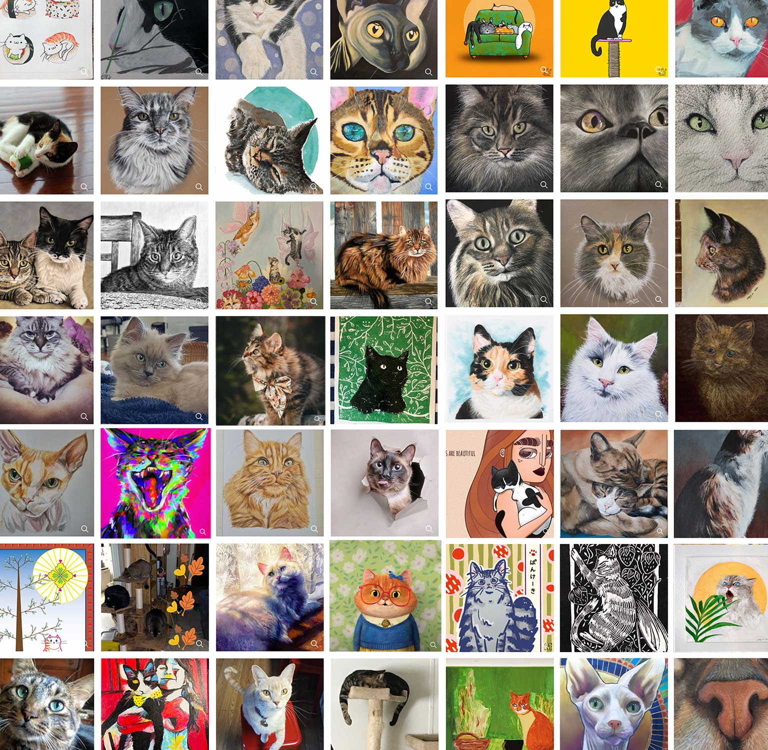 A grid of various artistic depictions and photographs of cats in different styles, colors, and settings.