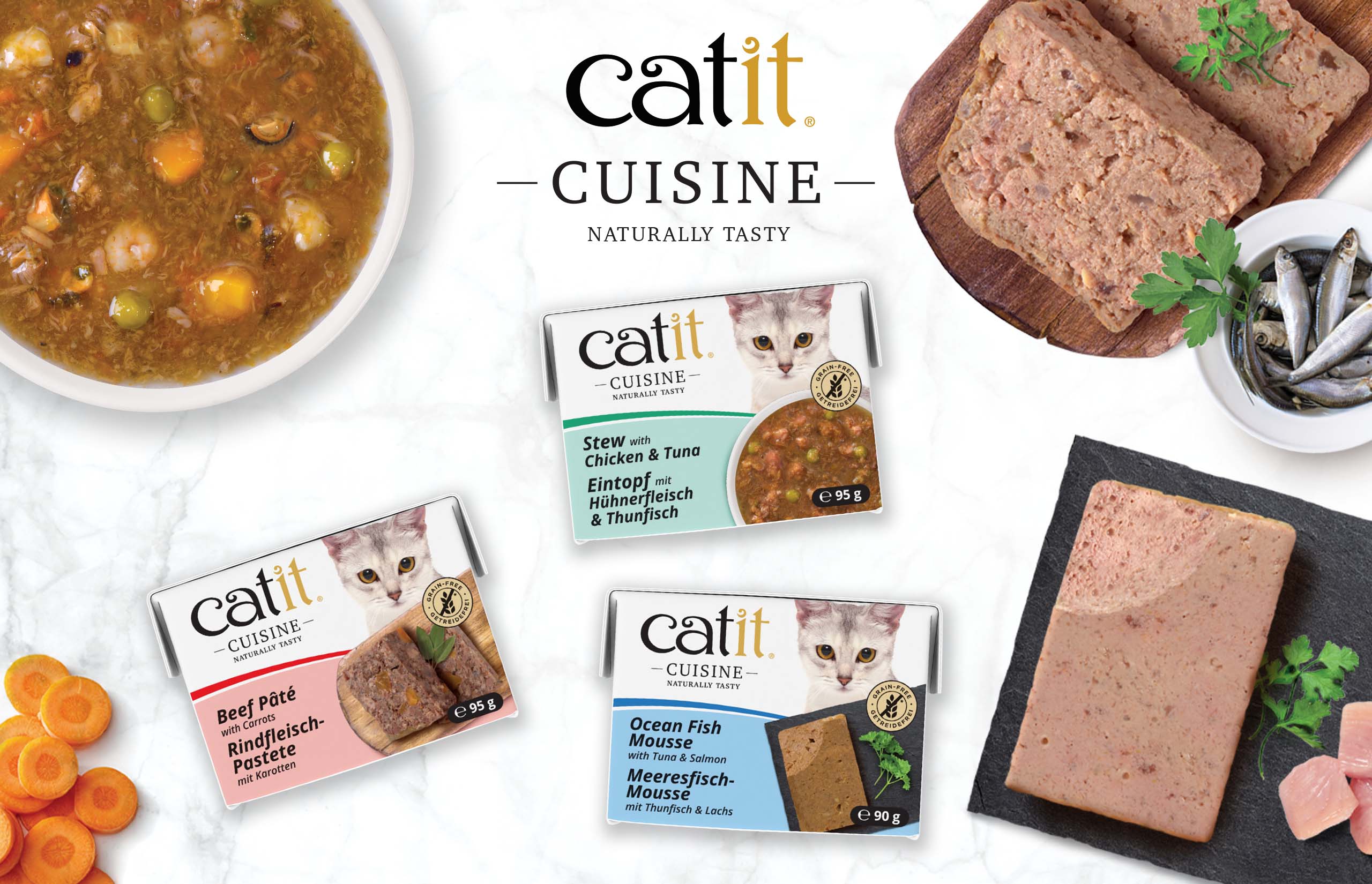 Catit Cuisine wet cat food packaging in stew and pâté varieties, featuring images of the food ingredients and textures