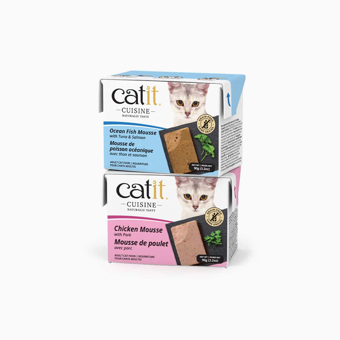Two packages of Catit Cuisine mousse cat food, one Ocean Fish with Tuna & Salmon and one Chicken with Pork