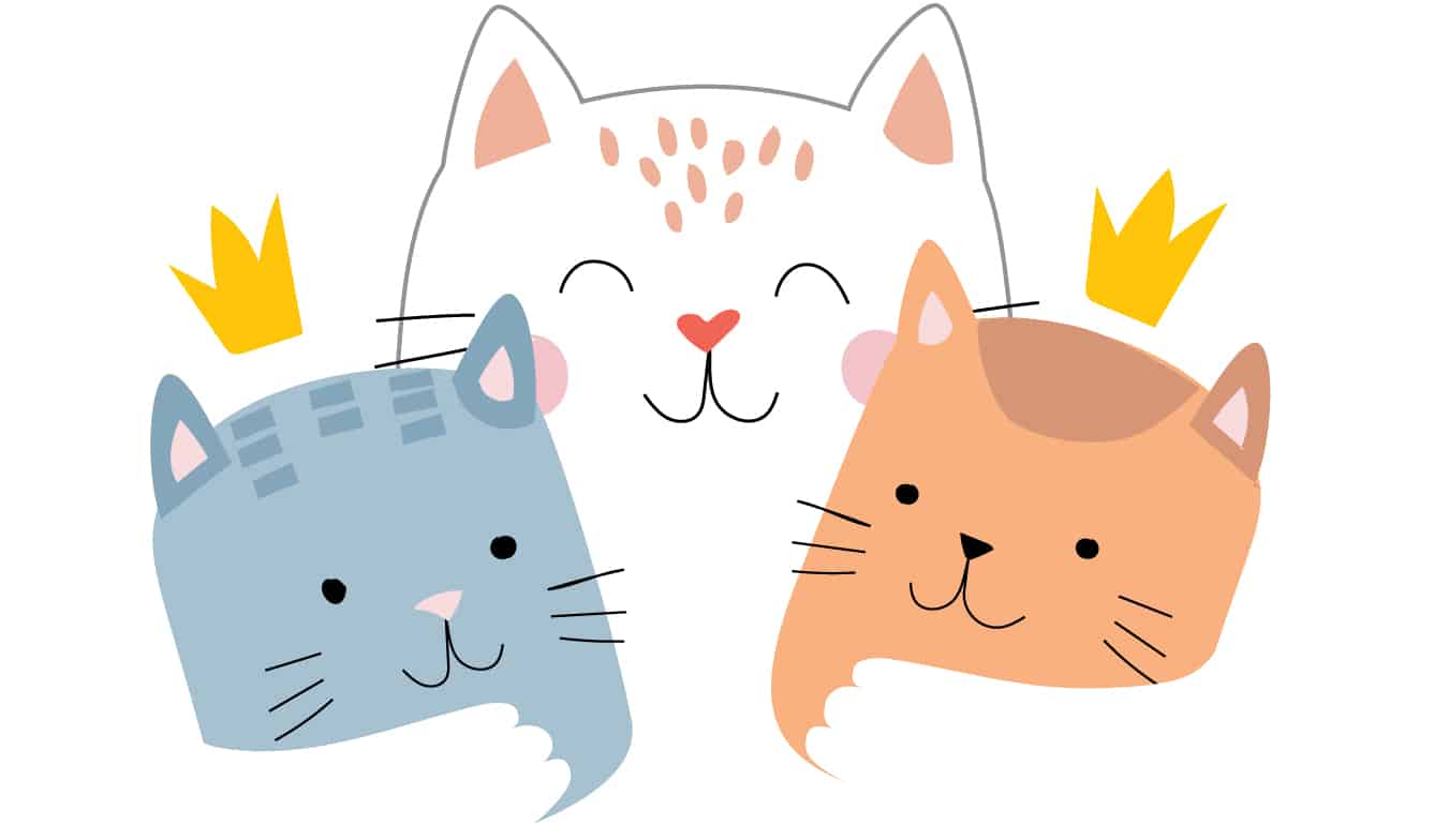 Three cartoon cat heads, one white, one blue, and one orange, each wearing a small yellow crown