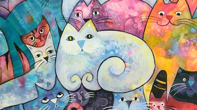 Whimsical, colorful painting of many stylized cats huddled together