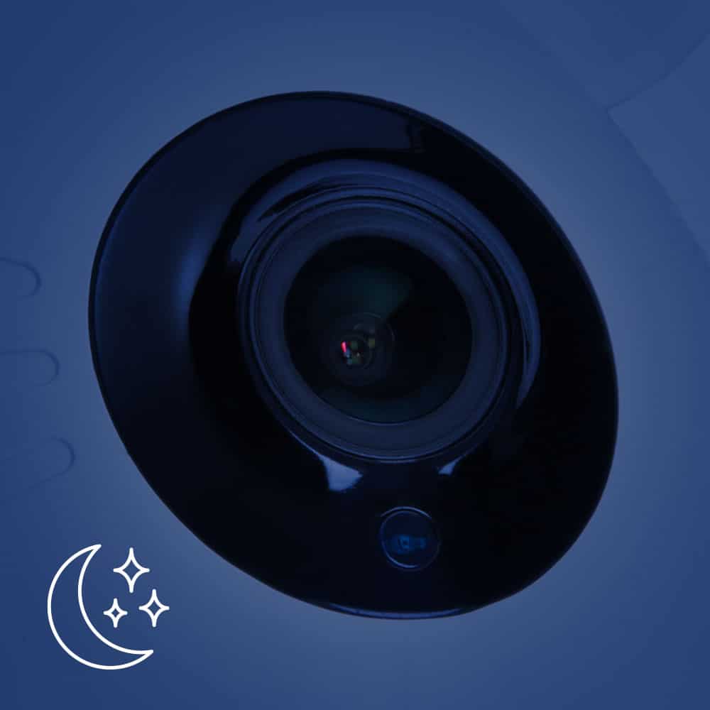 Close-up of a pet camera lens with a moon icon, indicating night vision capabilities